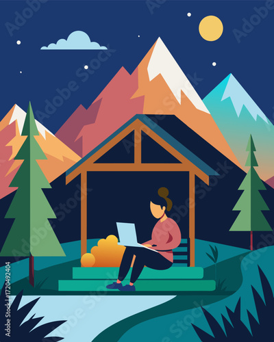 A peaceful scene of someone using their laptop on the porch of a cozy mountain getaway.. Vector illustration