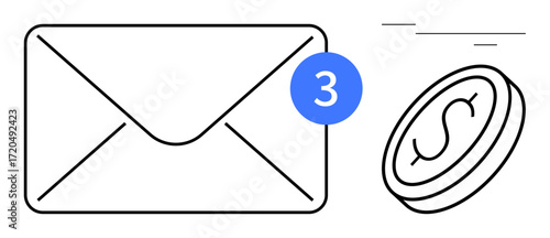 Envelope with blue notification badge and dollar coin indicating financial communication or payment update. Ideal for finance, email, payment system, notifications, money transfer, reminders