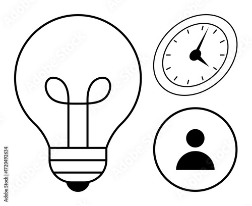 Light bulb indicating idea generation, clock symbolizing time management, avatar for individual focus. Ideal for creativity, productivity, innovation, decision-making, time efficiency, project