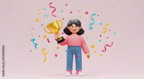Happy 3D Character Holding Trophy with Confetti and Stars