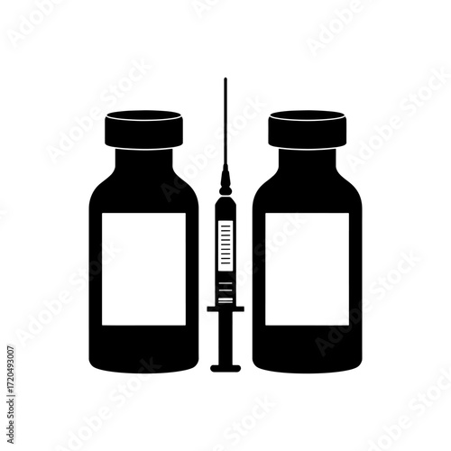 Silhouette Two black vials and a syringe on a white background