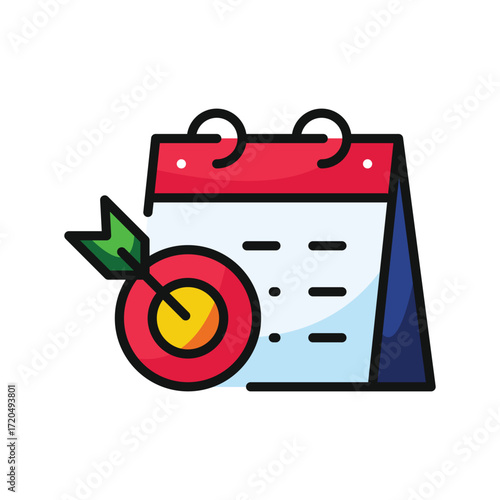 A desk calendar with a dart in a target in front of it
