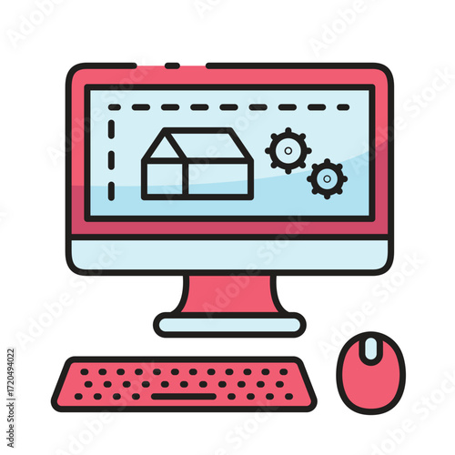 A computer with a house blueprint on screen plus a keyboard and mouse