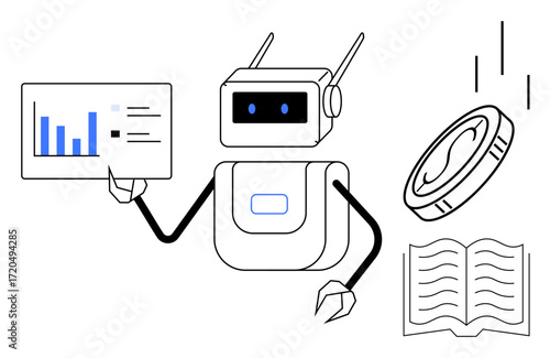 Humanoid robot analyzing charts, interacting with digital currency and open book. Ideal for technology, data analysis, education, automation, AI, finance innovation. Simple flat metaphor