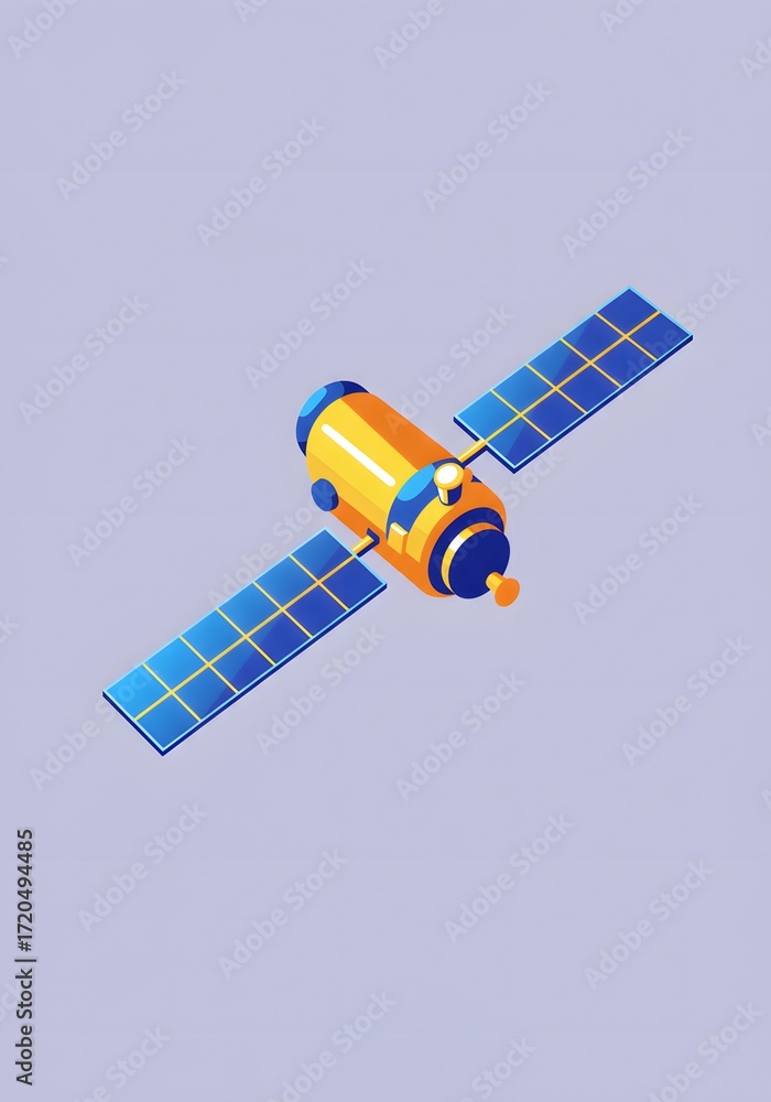 Fototapeta premium Isometric Satellite with Solar Panels in Orbit, Technology Concept