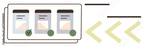 Cards aligned horizontally with checkmarks indicating selection, brown tabs on top, and yellow arrows showing direction. Ideal for task management, organization, planning, workflow, decision-making