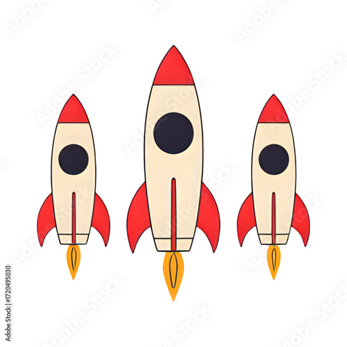 space rocket in space. Three cartoon rockets launching together with smoke trails