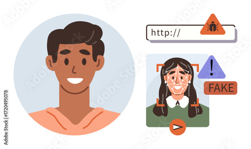 A person s profile beside an online alert showing deepfake detection, warning signs, and a suspicious URL. Ideal for cybersecurity, online safety, AI ethics, fraud prevention, technology awareness