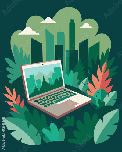 Amidst the greenery and urban landscape a sleek laptop lay open ready for use.. Vector illustration
