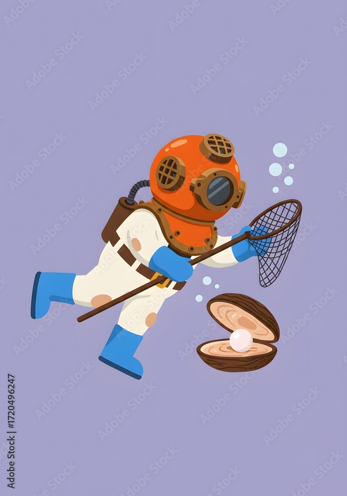 Fototapeta premium Retro Diver Collecting Pearl in Seashell with Net