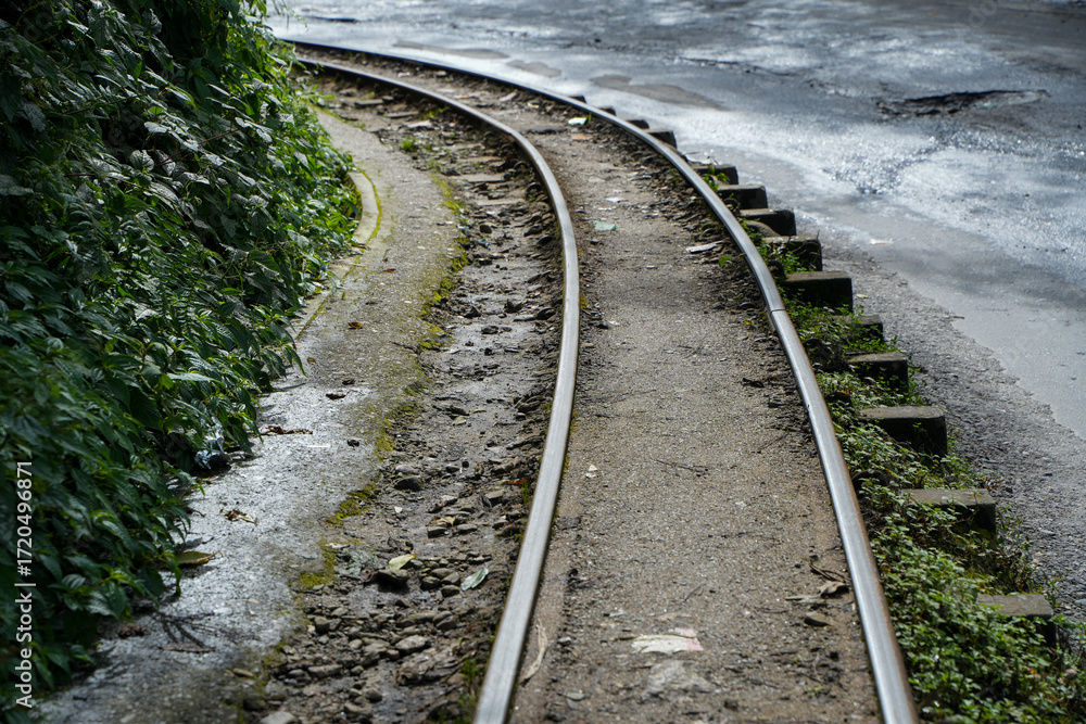 Obraz premium toy train railroad tracks in the countryside Datrjeeeling.