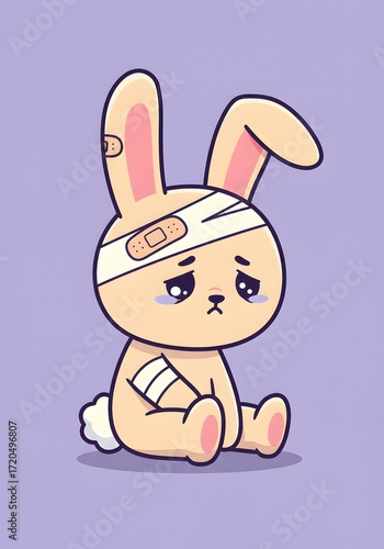 Sad Injured Cartoon Bunny Rabbit with Bandages and Tears