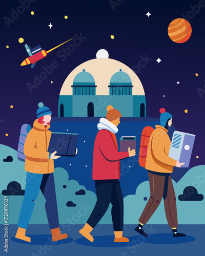 A steady stream of remote workers bundled up in their warmest clothes make their way to the observatorys rooftop to witness a meteor shower their laptops and cameras in tow.. Vector illustration