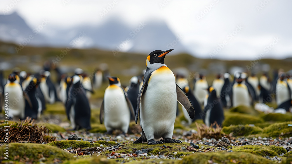 Fototapeta premium A penguin estranged from its natural habitat due to climate change