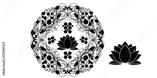 Spring lotus and flower mandala set with hexagon seeds and botanical design elements