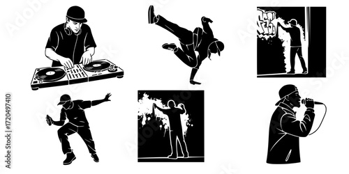 Urban music performance stencil set in black and white 