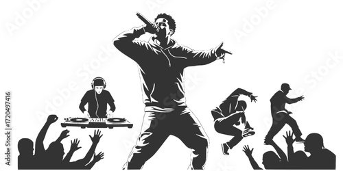 Urban music performance stencil set in black and white 