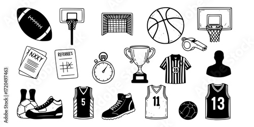 Hand drawn doodle set of sport icons featuring football and basketball