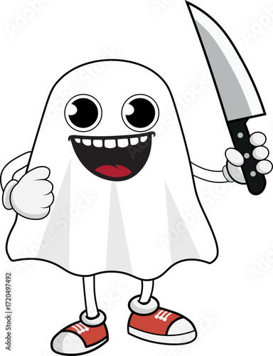 Psychopath ghost, with funny smile, with legs and holding a knife, halloween theme