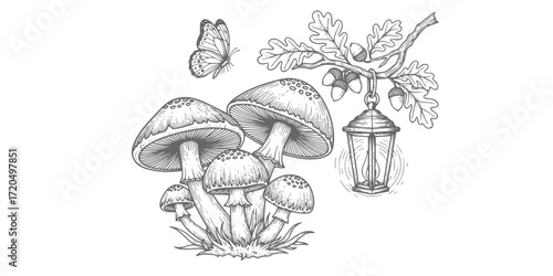 Enchanted forest elements in vintage engraving style: mushrooms, lantern, oak leaves, and butterfly