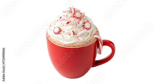 A festive red mug filled with a delicious hot chocolate topped with whipped cream, crushed candy canes, and sprinkles, isolated on transparent background