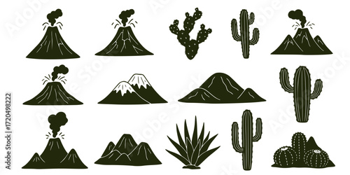 Hand drawn doodle icons set of volcanic mountains and cactus plants 