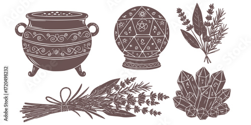 Enchanted elements: engraved collection of cauldron, crystal, and mystical herbs for magic and alchemy