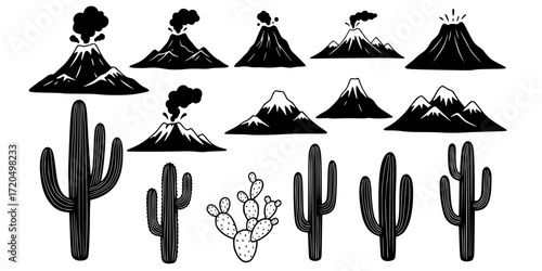 Hand drawn doodle icons set of volcanic mountains and cactus plants 