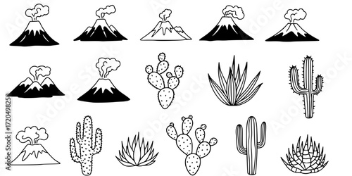 Hand drawn doodle icons set of volcanic mountains and cactus plants 