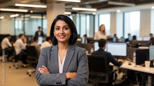Confident Leadership Style: A poised businesswoman with a warm smile stands in a busy open-plan office, embodying professionalism and success. Free Download Confident Leadership Style: A poised businesswoman with a warm smile stands in a busy open-plan office, embodying professionalism and success. - GFXLoad