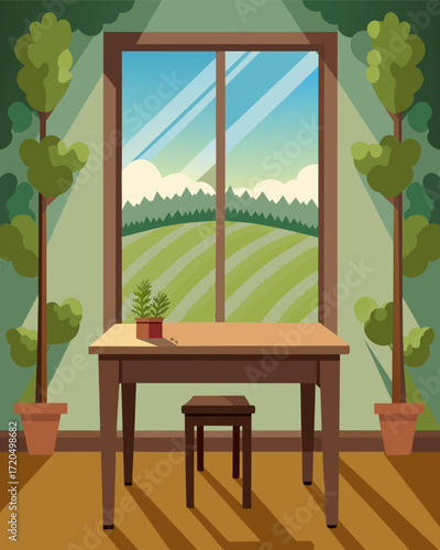 A small wooden desk sits near the window overlooking the rows of perfectly manicured vines.. Vector illustration