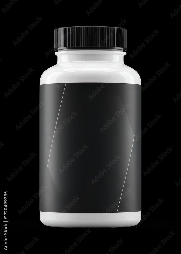 Fototapeta premium A glossy white plastic bottle with a black label featuring a modern geometric design stands out against a stark black background.