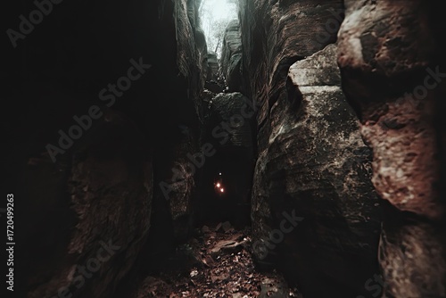 Dark rocky canyon tunnel