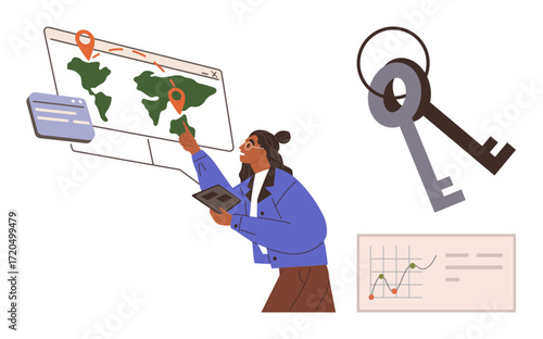 Woman interacting with a world map and touchscreen tablet, pinpointing locations. Keys symbolize solutions, while a graph suggests data analysis. Ideal for strategy, problem-solving, travel