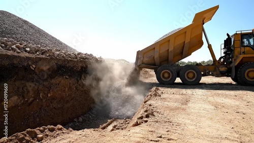 Heavy dump truck unloads dirt into a trench at a construction site.