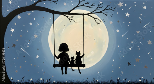Child with cats on swing under moonlit starry sky offers magical childhood dreams