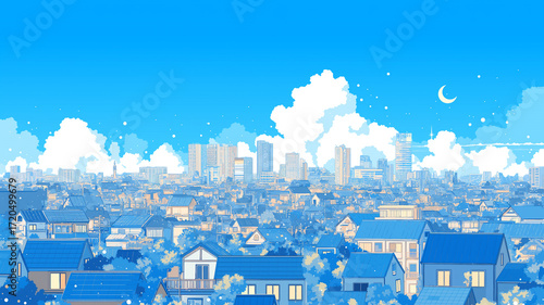 満天の星と静かな月明かりに包まれた都会の夜、アニメ調の配色で描かれた高層ビルのシルエットが幻想的な雰囲気を醸すシティナイトビジュアル背景素材