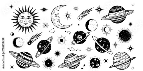  celestial engravings collection featuring sun, moon, and planets 