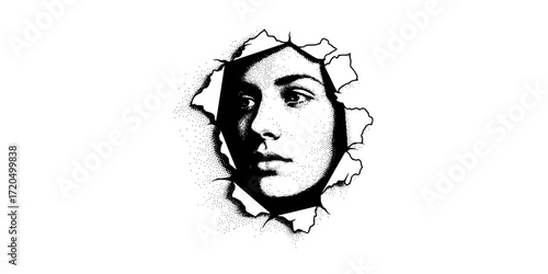 Vector illustration of a human face emerging from torn paper 