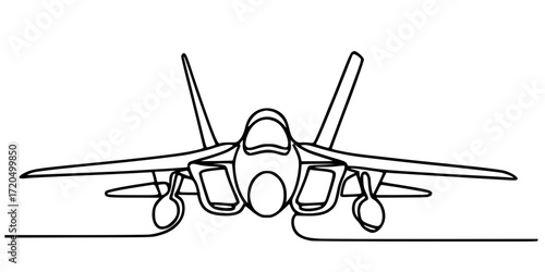 Supersonic Precision: Jet Fighter in Motion, A sleek black-and-white line drawing of a jet fighter captured mid-flight, showcasing aerodynamic power and speed