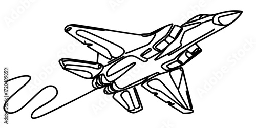 Supersonic Precision: Jet Fighter in Motion, A sleek black-and-white line drawing of a jet fighter captured mid-flight, showcasing aerodynamic power and speed