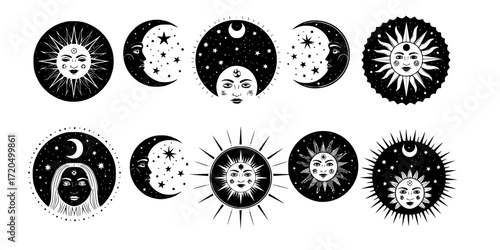 Cosmic tarot stencil collection featuring sun moon and celestial faces