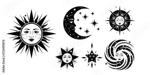 Cosmic tarot stencil collection featuring sun moon and celestial faces