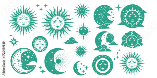 Cosmic tarot stencil collection featuring sun moon and celestial faces