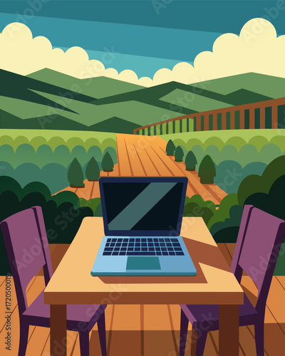 A laptop perches precariously on the edge of a rustic wooden table ready to be put to work amidst the serene backdrop of a vineyard terrace.. Vector illustration