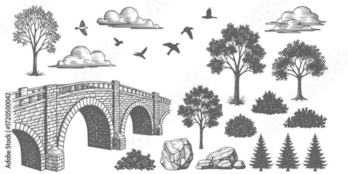 Vintage engraved illustration set of stone arch bridge and nature elements