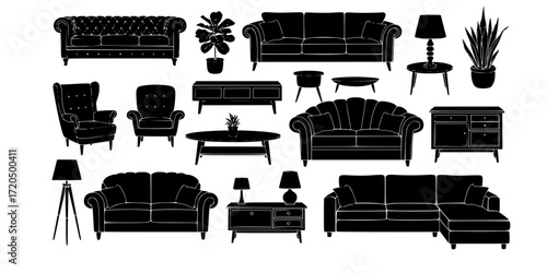 Collection of hand drawn decorative sofas and furniture elements 