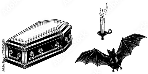 Vintage engraved illustration set of coffin, candle, and bat for halloween design