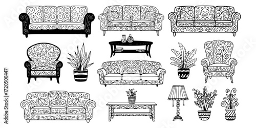 Collection of hand drawn decorative sofas and furniture elements 