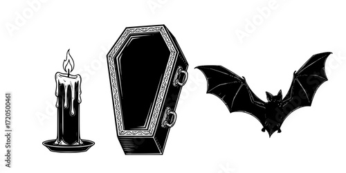 Vintage engraved illustration set of coffin, candle, and bat for halloween design